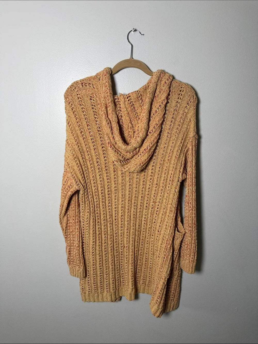 Free People Beach Open-Knit Hooded Cardigan Sweater in Peach Small
